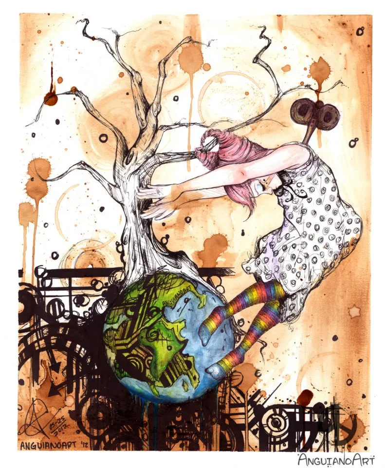 Watercolor, ink, and coffee wash illustration of a girl in a polka-dot dress embracing a bare tree that grows from the globe, wearing rainbow striped socks