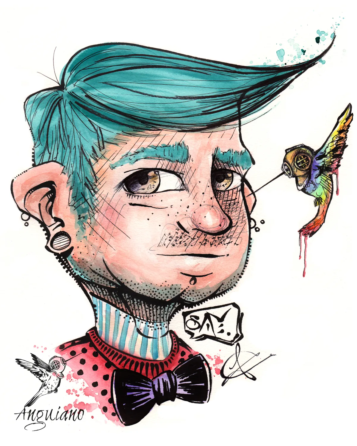 Watercolor and ink caricature portrait of a man with teal hair and a bow tie, a hummingbird perched near his nose