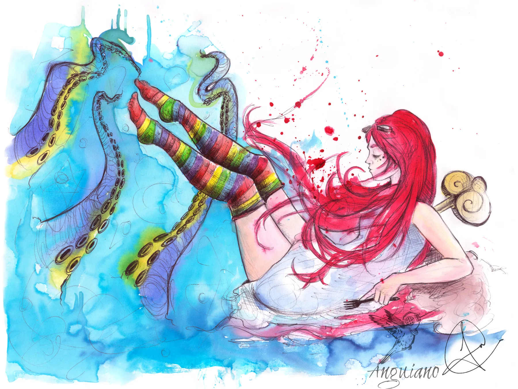 Watercolor and ink illustration of a woman reclining with rainbow striped mermaid legs raised, surrounded by tentacles and a serpent in blue water