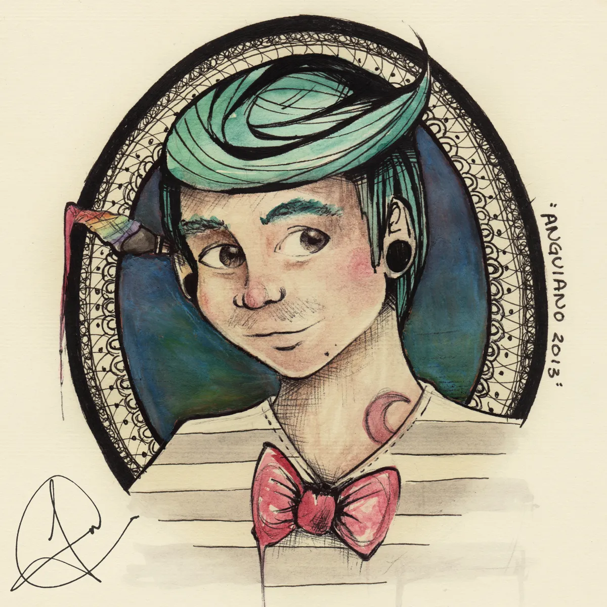 Self-portrait illustration signed "Anguiano 2013," a figure with teal hair holding a paintbrush
