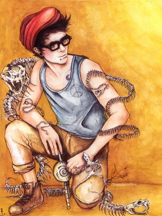 Watercolor and ink portrait of a young man in a red beanie and sunglasses, snake skeletons coiled around his arms and legs