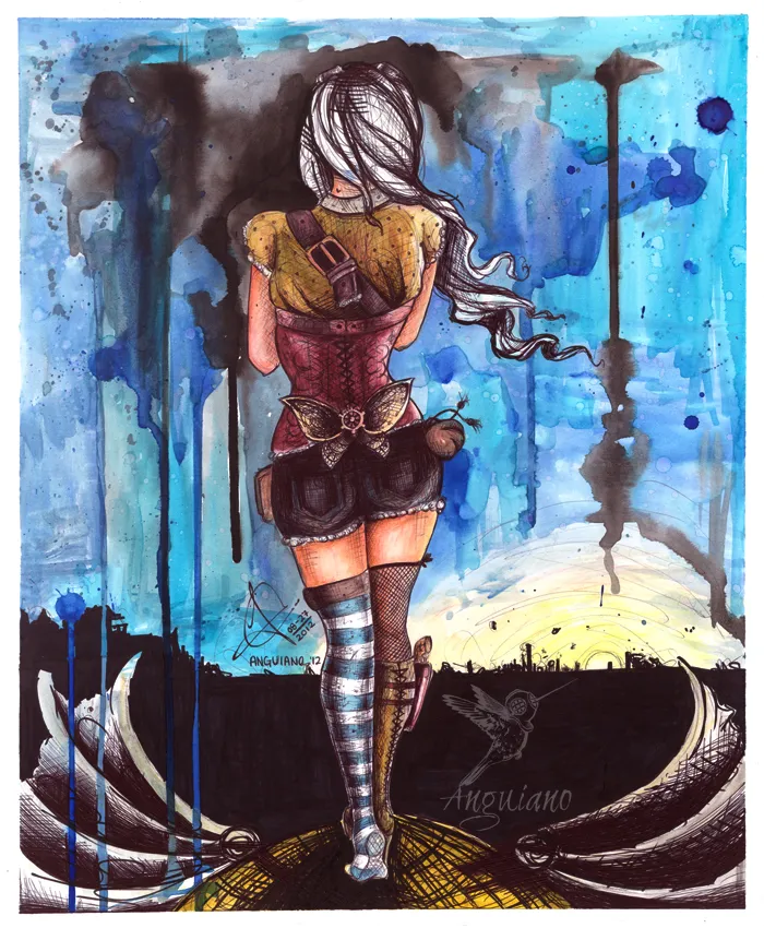 Watercolor and ink illustration of a woman in a corset and shorts walking away across a rooftop at dawn, wearing striped stockings