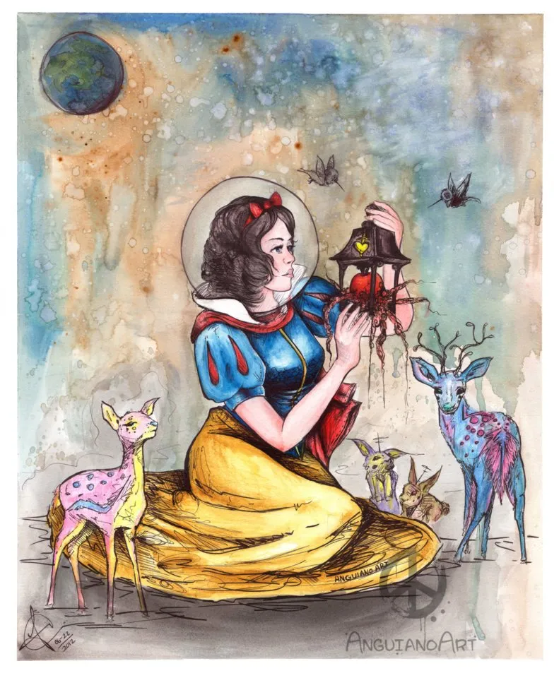 Watercolor and ink illustration of Snow White reimagined among stars and celestial silhouettes of deer and birds