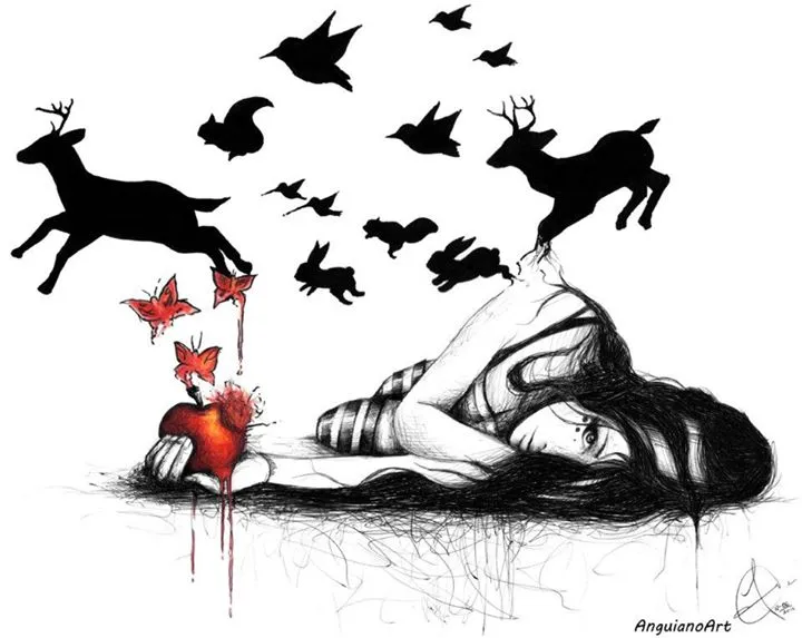 Ink illustration of a girl lying on the ground with a bitten apple, surrounded by silhouettes of deer, birds, and rabbits