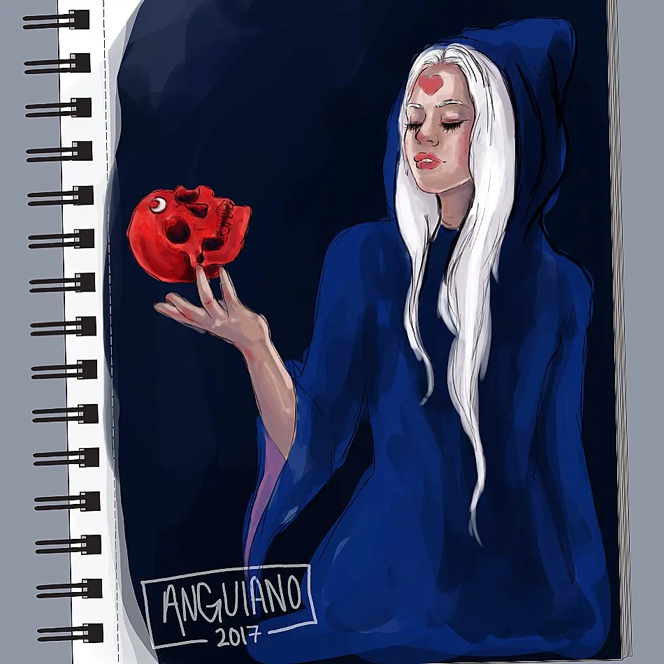 Digital painting of a hooded woman with white hair and a heart marking on her forehead, holding a glowing red skull