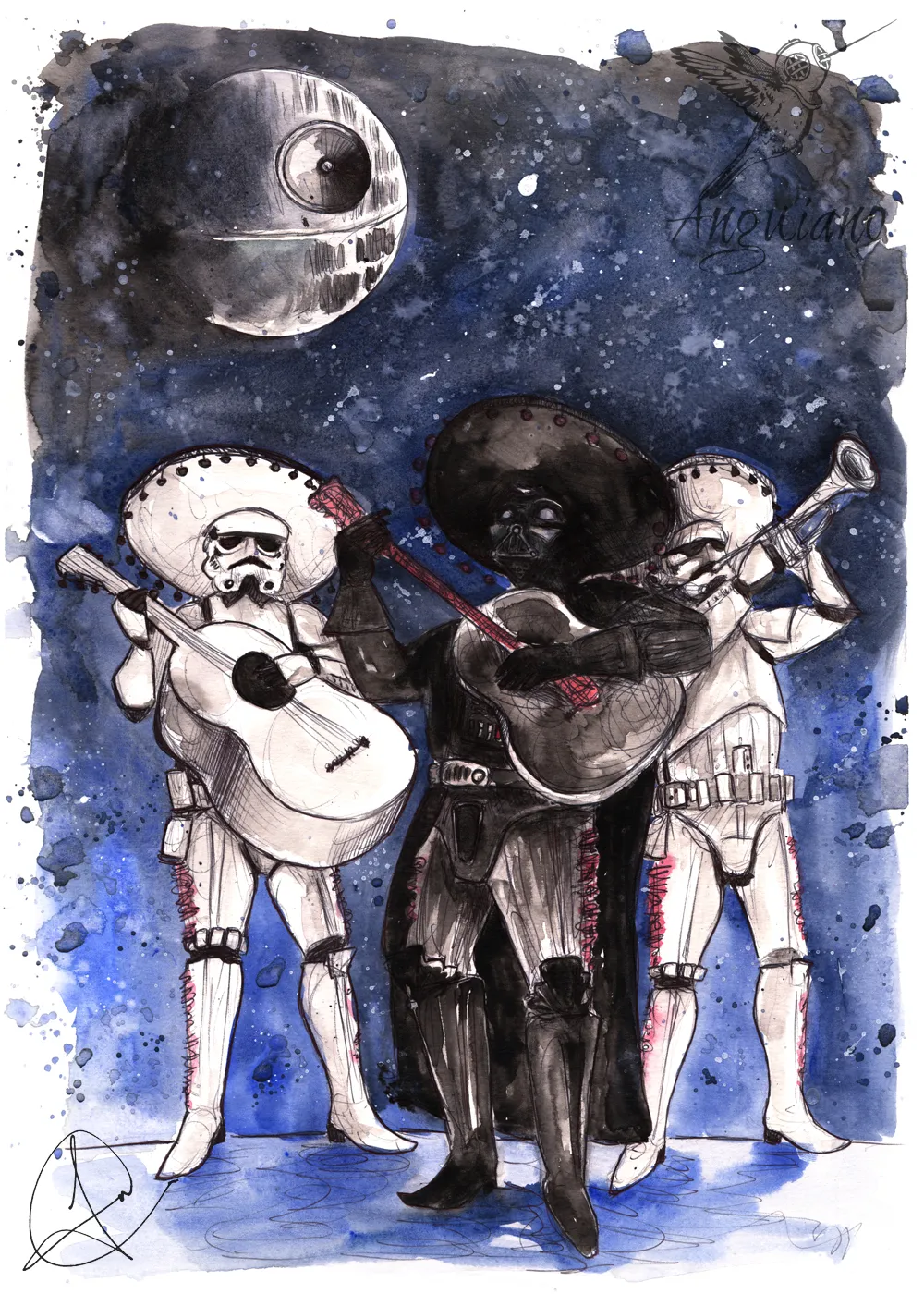 Ink and watercolor illustration of Darth Vader and two stormtroopers dressed as a mariachi band, playing guitar and trumpet