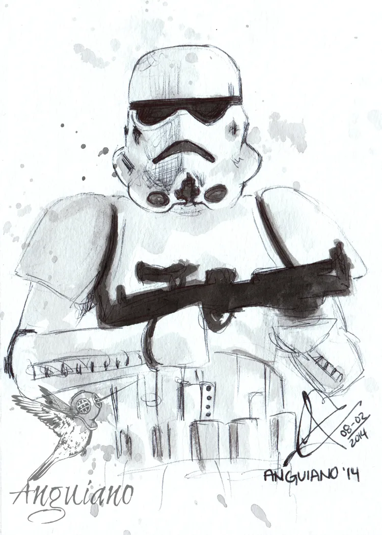 Watercolor and ink portrait of a Star Wars stormtrooper helmet