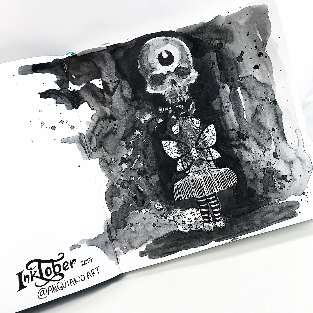 Dark ink wash illustration of a large skull looming over a small girl in a moth-winged costume surrounded by candy