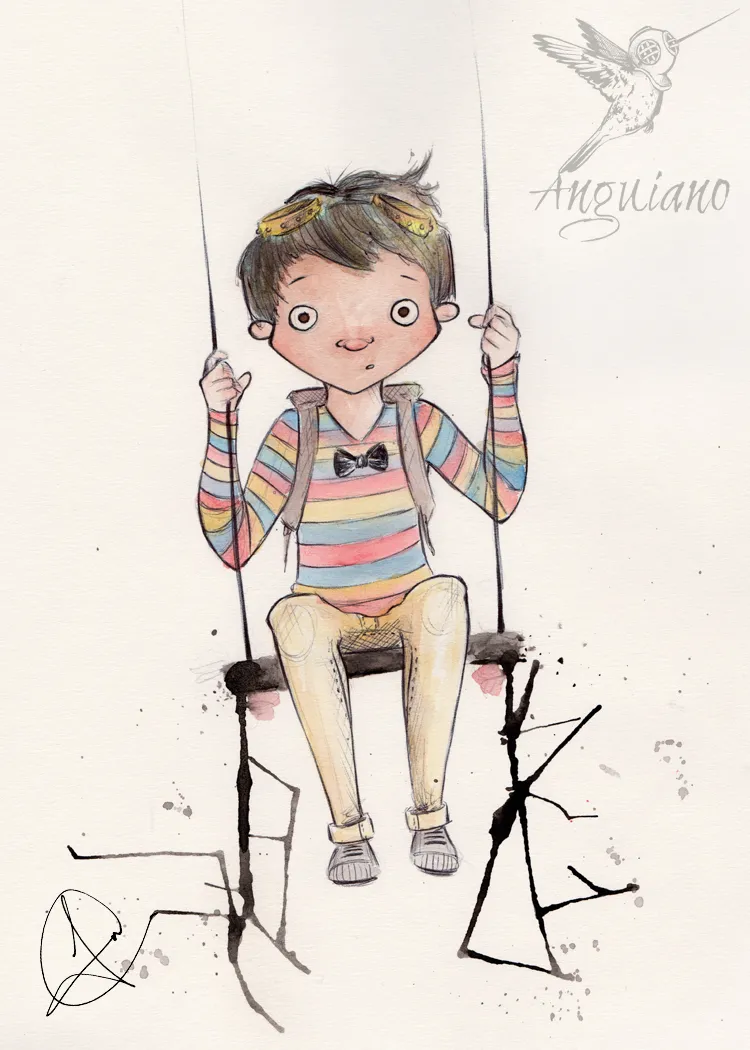 Watercolor and ink illustration of a boy in a rainbow striped shirt sitting on a wooden tire swing