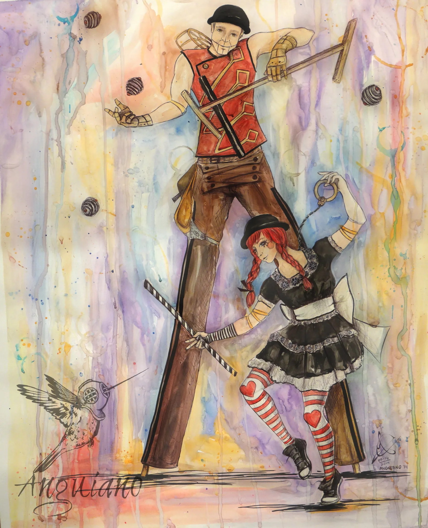 Watercolor and ink illustration of two circus performers on stilts, a man juggling and a red-haired woman in a black dress and striped stockings
