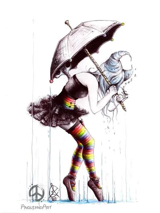 Watercolor and ink illustration of a ballerina en pointe holding an umbrella that scatters pink dust, surrounded by circles of watercolor color
