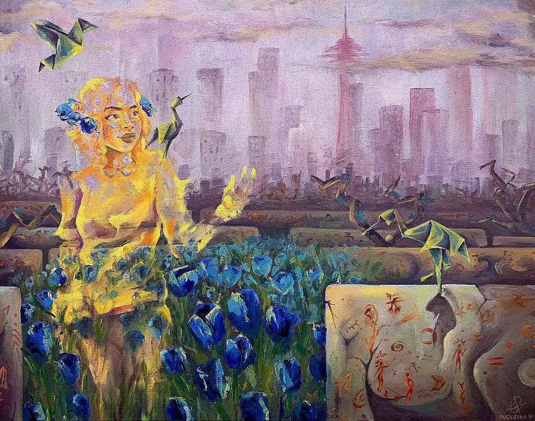 “The Essence of Jane”, 24in x 30in on stretched canvas. the process for this painting was to first create a list of whatever popped into our heads. Then we chose a few items from that list and combined them. The items I chose were: labyrinth, paper objects, and flowers. I then made a sketch that you can swipe to see, the sketch was used as a guide but not something that had to be definite. My character evolved and became more of an illumination. I hope that everyone has a different interpretation for this piece and a big thanks to for posing for me in class to get this iconic pose!
