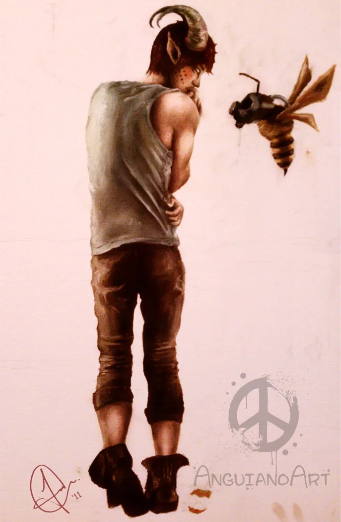 Oil painting of a horned faun figure bowing his head toward a mechanical bee-like moth creature