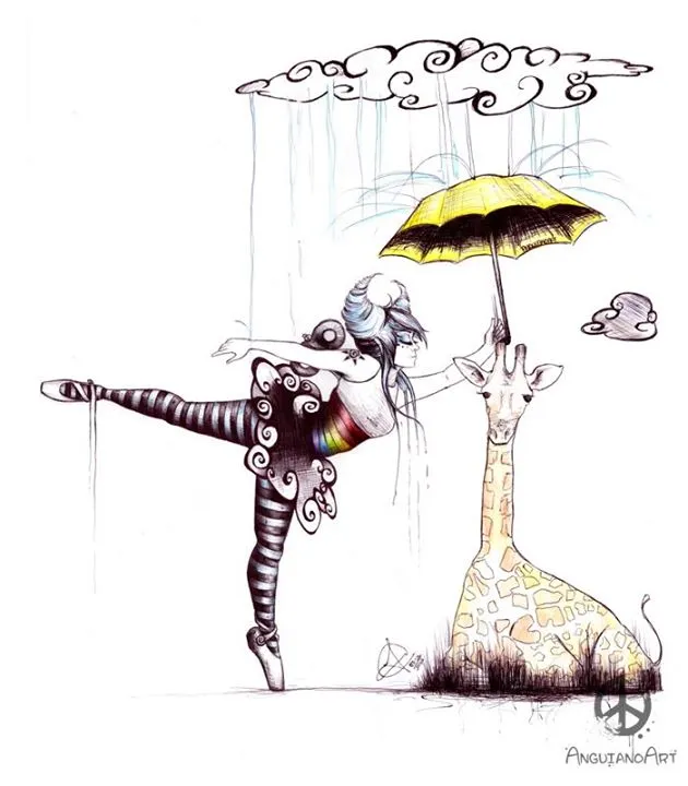 Pen and ink illustration of a ballerina holding an umbrella over a giraffe under a rain cloud