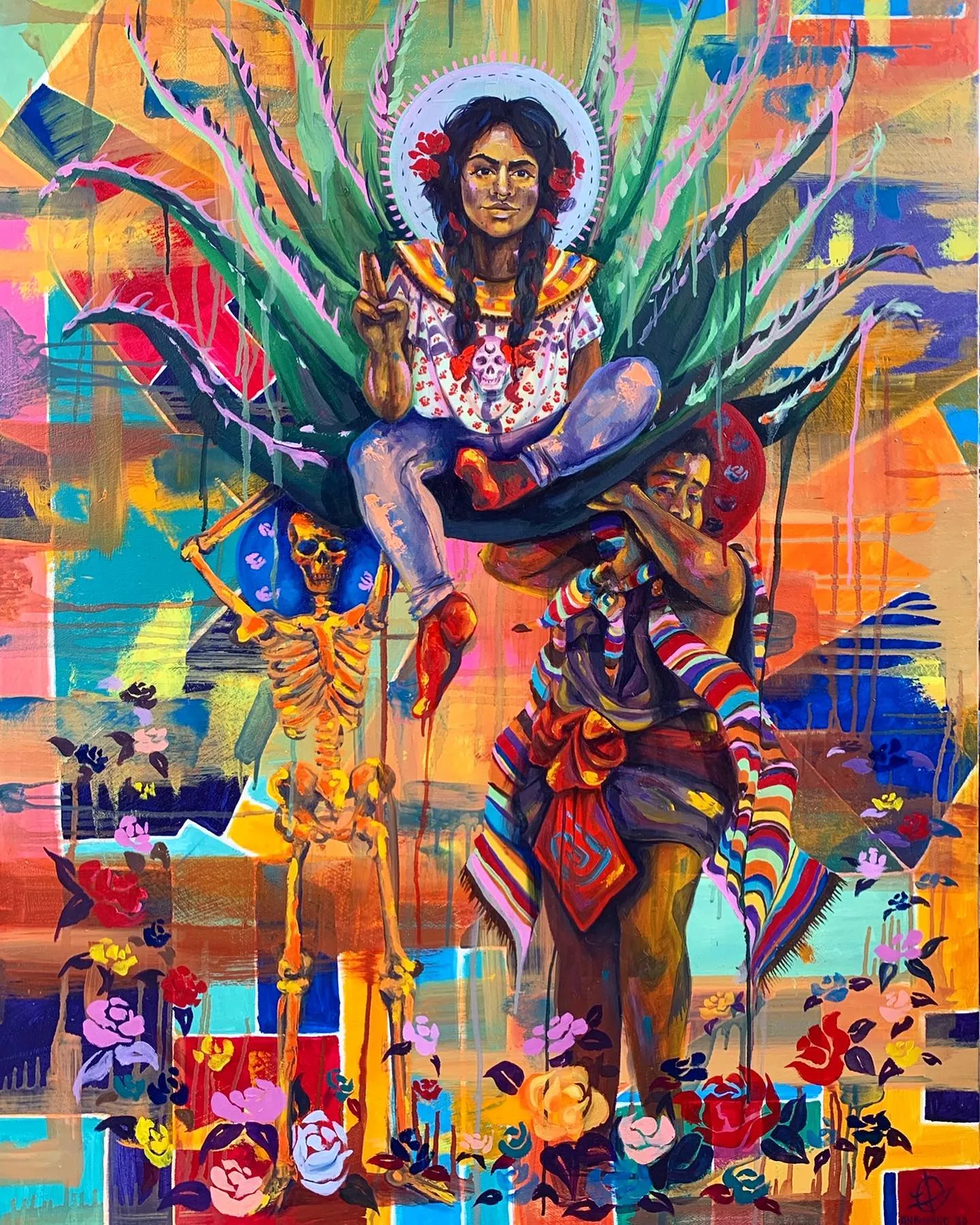 “The Goddess Among Mortals” 4ft x 3ft, Acrylic and Oil on Gesso Canvas. Project 2 for painting class This piece is about erasure, the violence of colonization, and reimagining the Purépecha goddess Xarátanga. In this painting I wanted to portray the goddess as contemporary. As someone who can exist among us during this time but still hold on to traditional visual cues. She is wearing pants which is something that would not be allowed in the culture, but I like to challenge gender roles. She is held by the living and the dead, roses form an abstract crescent moon to represent her association with the Moon she sits calmly on an agave plant not expressing the pain of the thorns. Her foot is pointing down with a red drip to represent the violence of colonialism. The background distracts you, but it’s made of shapes and gestures. Almost like a puzzle I’m trying to put together. contemporarypainting