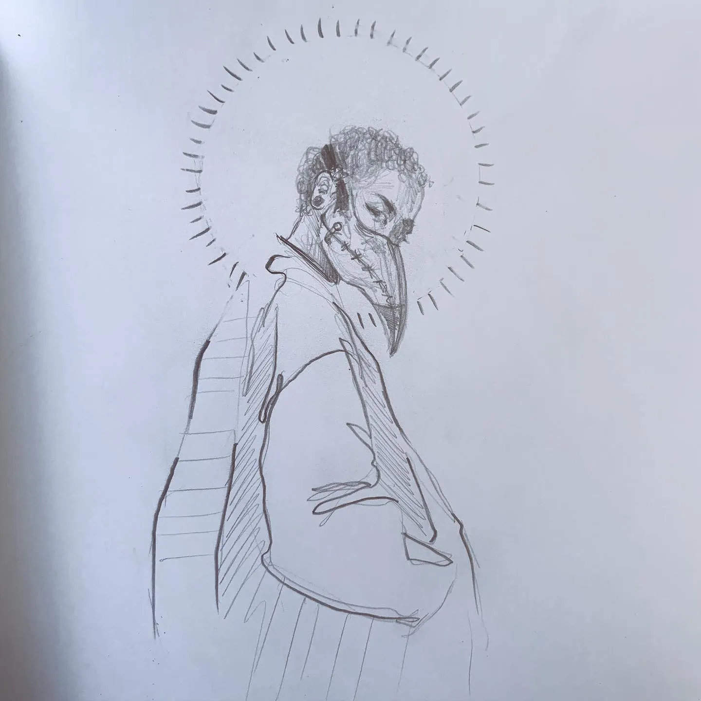 this has been a difficult week. So here’s a sketch of hope. Everything in the world changed, everything in MY world changed. The character is ambiguous, the outfit is stylized. Are they fully present or fading away? Who are you now? Who were you then?