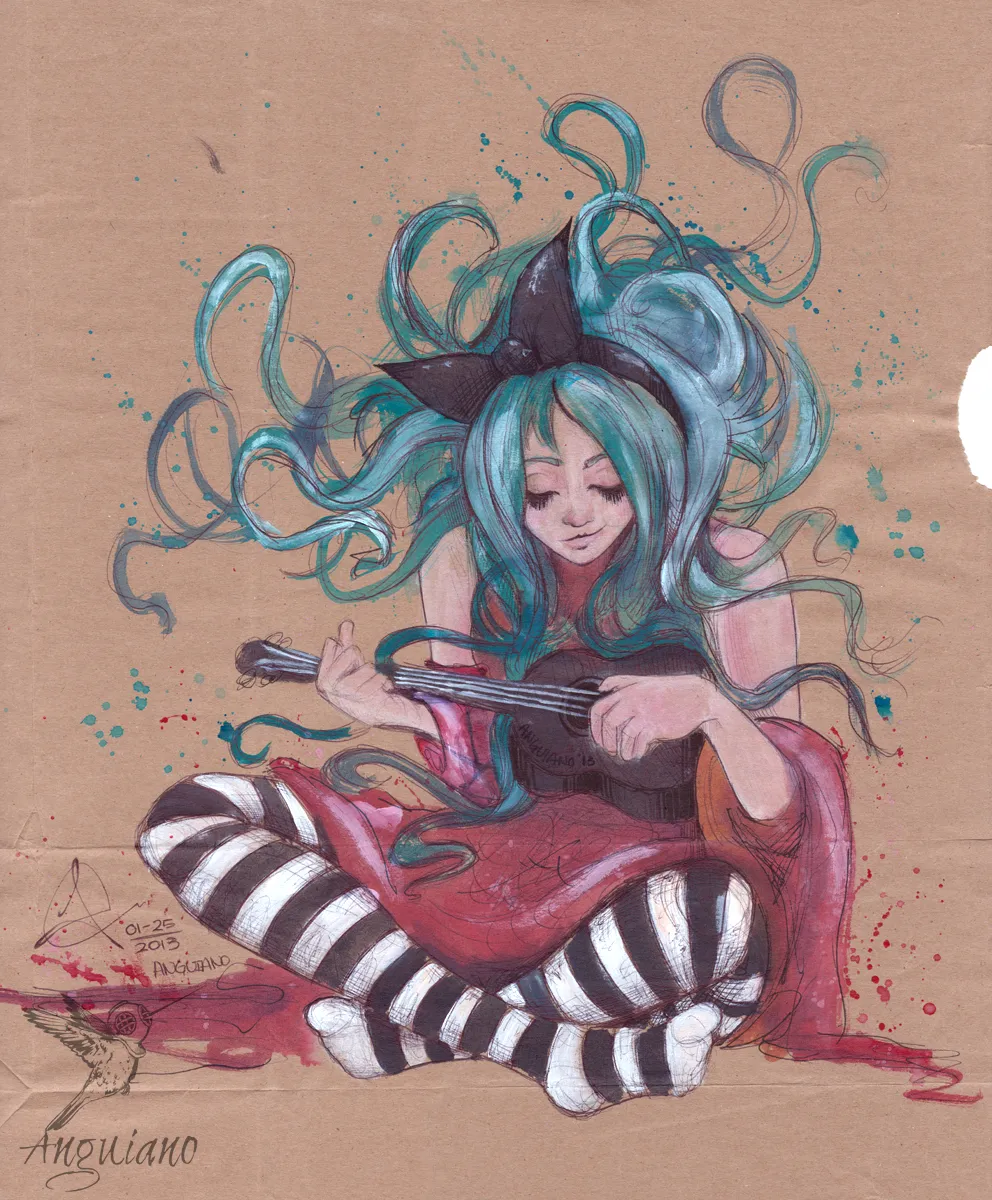 Ink and watercolor illustration of a girl with teal hair sitting cross-legged, playing a ukulele, wearing striped stockings