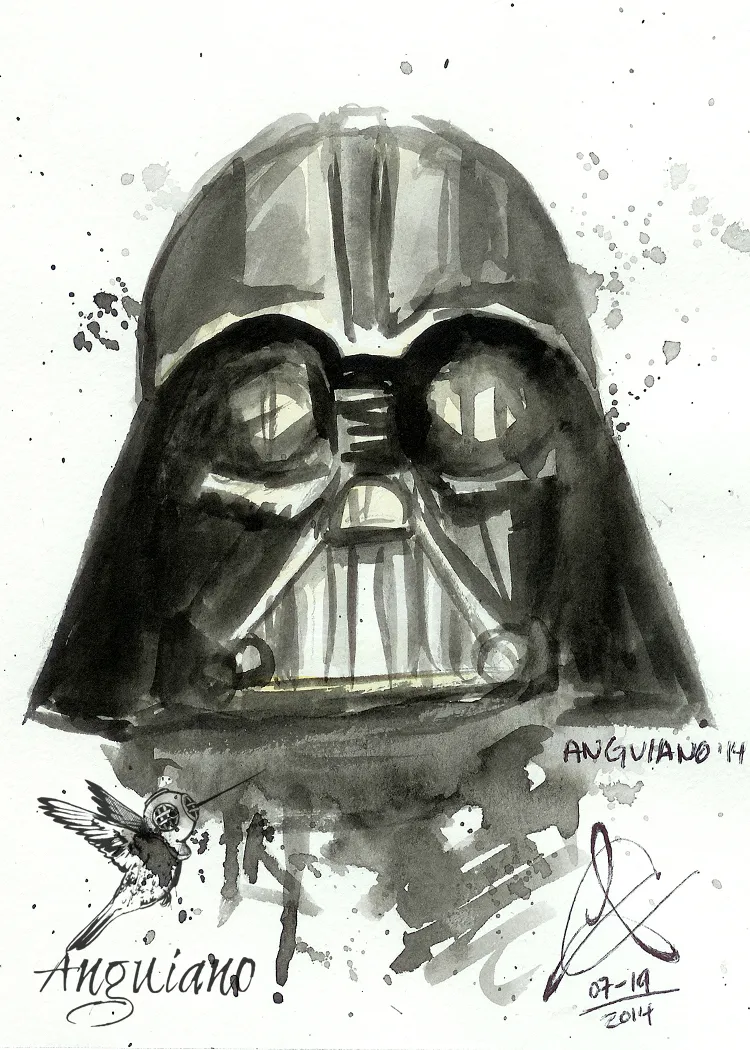 Ink and watercolor close study of Darth Vader's helmet, viewed head-on