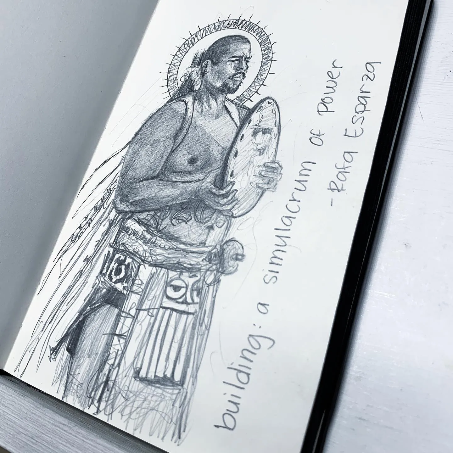we are learning about our connections with the body and our identities in sculpture class. The art classes at Otis have been teaching me different ways of viewing art and performances that I did not experience at El Camino. Our homework was to draw or write a response to one of the artists our peers chose. I was inspired by Rafa Esparza and his art/performance of “building: a simulacrum of power”. I recommend checking it out!!