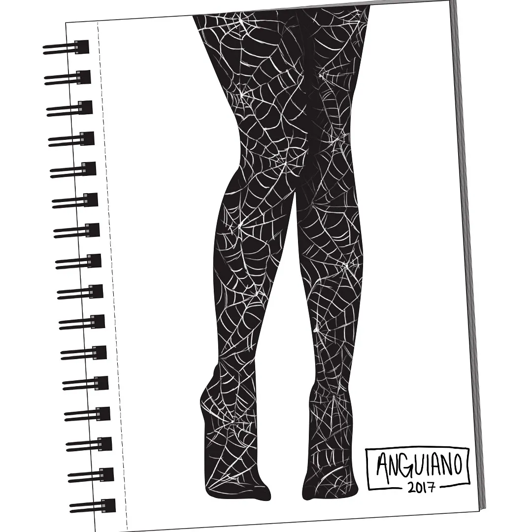 Digital illustration of a pair of legs wrapped in black tights with a white spiderweb pattern