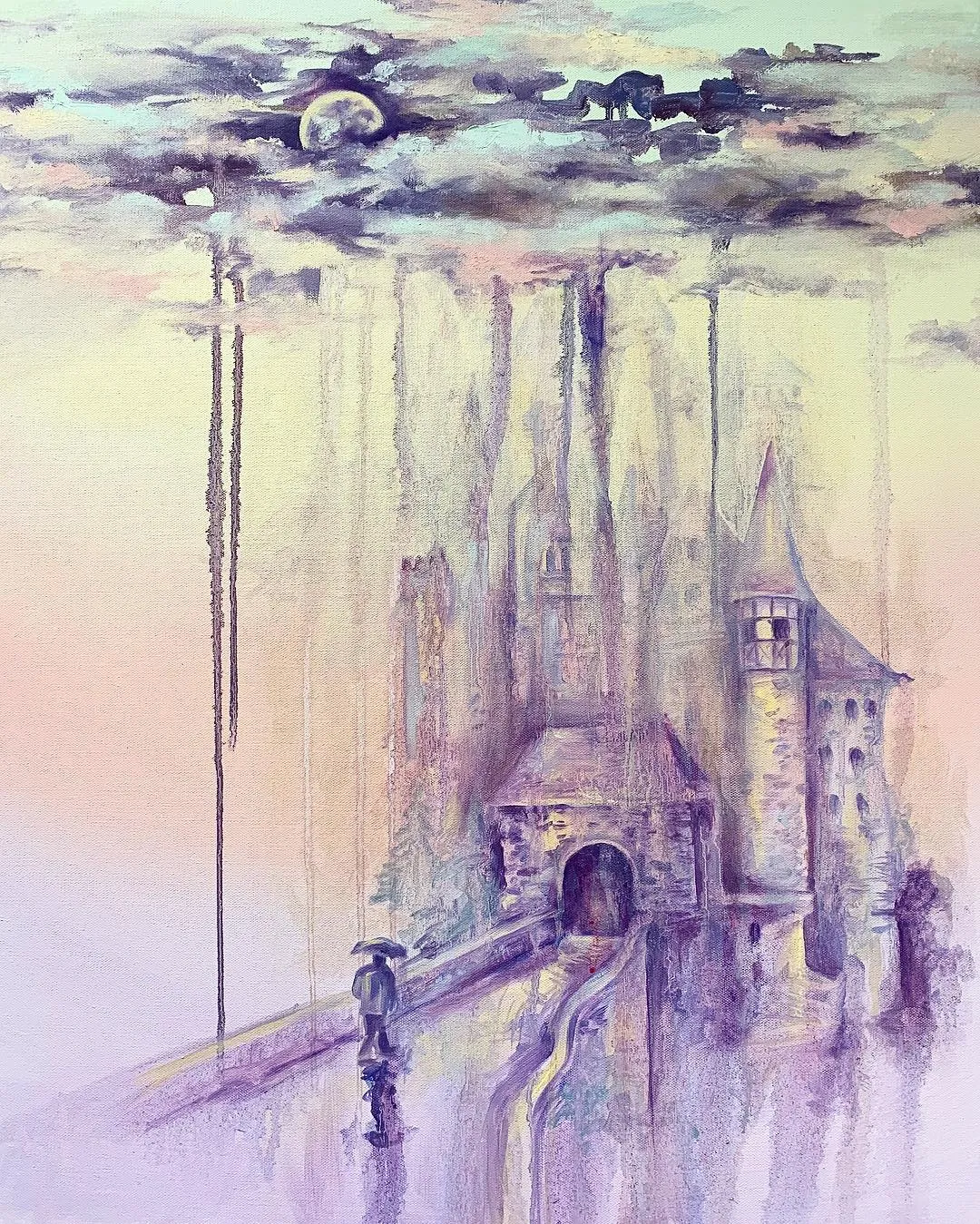 “Where my Dreams Live”... oil paint on a 20in x 30in stretched canvas. The final painting for my midterm. Experimenting with the drip technique and a limited color palette