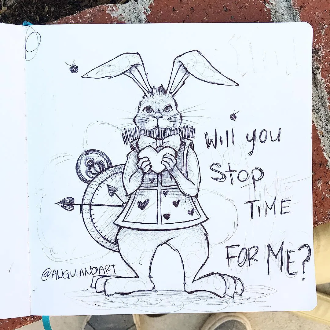 “Will you stop time for me?” Sketch of a possible Valentine’s Day card ‍ the White Rabbit from the adventures of Alice in Wonderland!