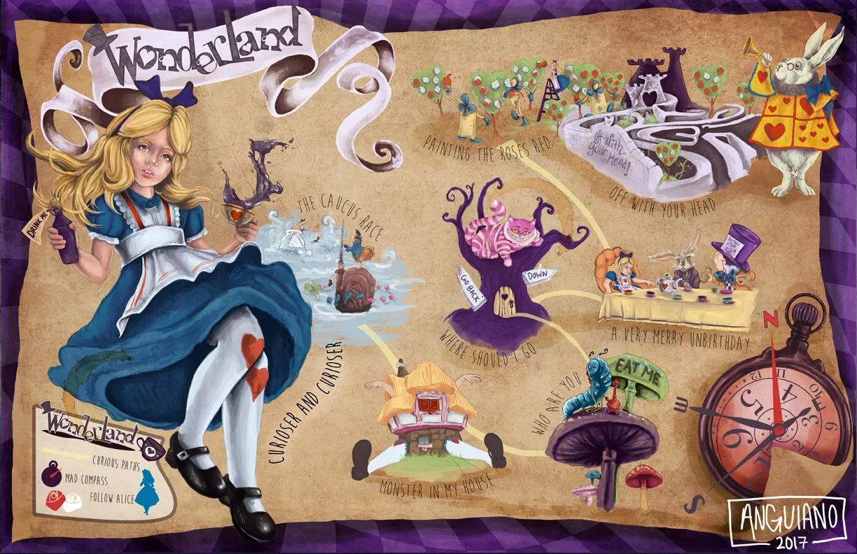 Illustrated map of Wonderland from Alice in Wonderland, with Alice, the Cheshire Cat, the White Rabbit, the Mad Hatter's tea party, and the Queen of Hearts' garden