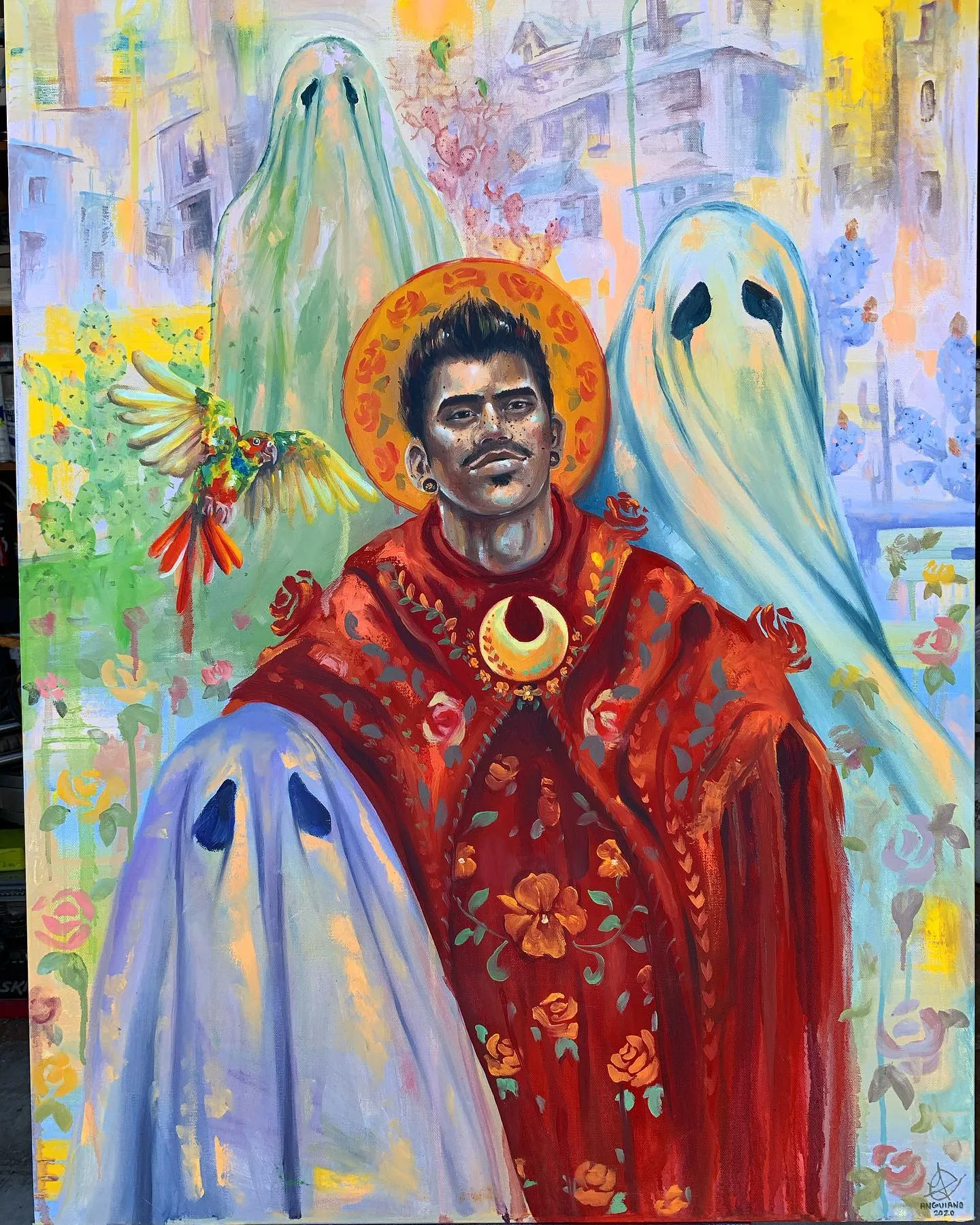 ‘You are the ghost I can’t cover’. And this painting is finished!!! —> swipe to see the original sketch idea! . I wish you could all see all the details up close. I hope you enjoyed the process of this piece!!